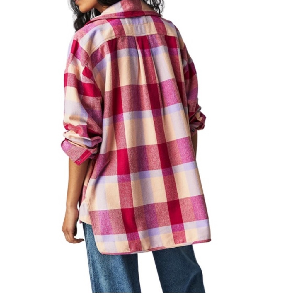 Free People We The Free Izzie Button Up Oversized Shirt Pink Plaid Medium - Picture 3 of 12